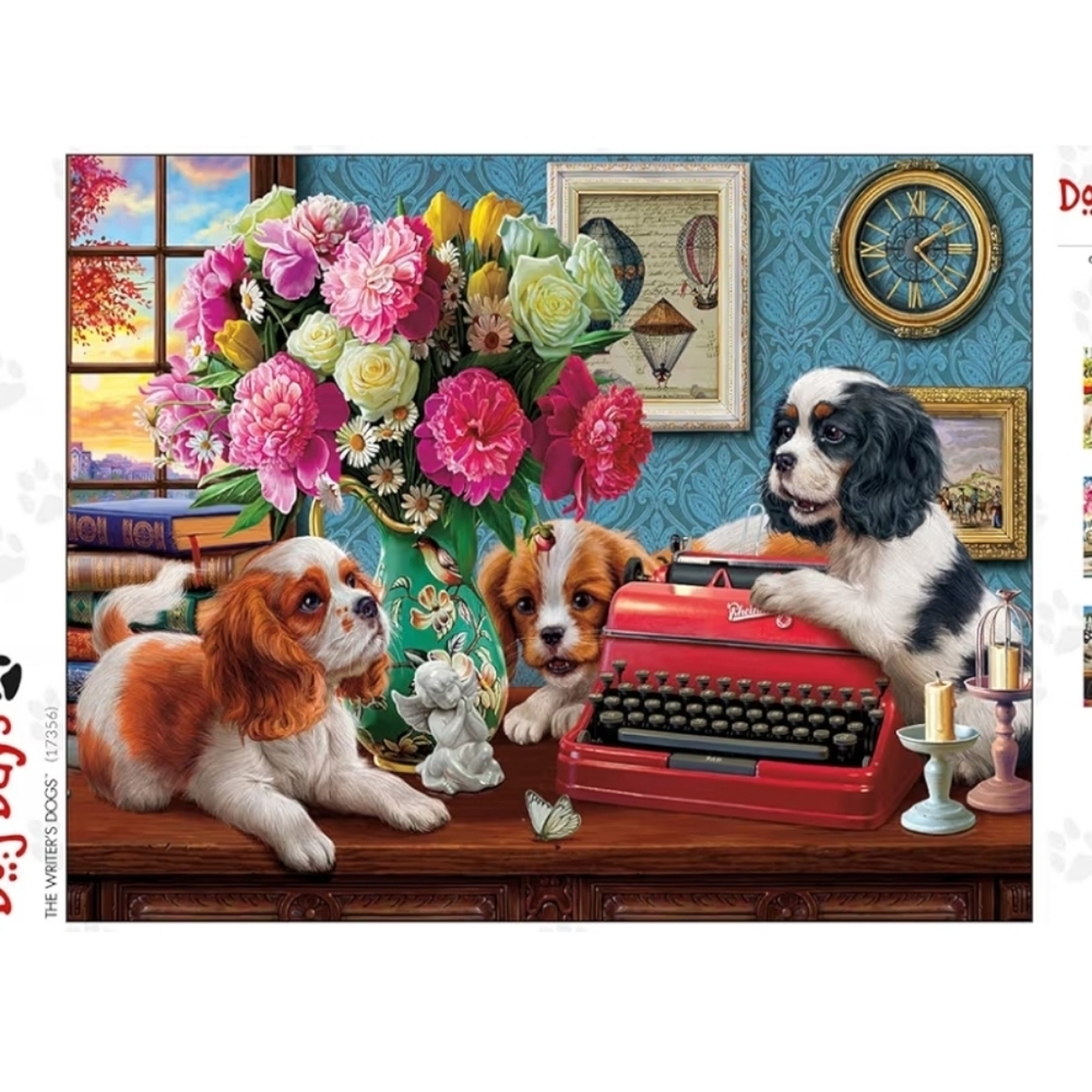 750-Piece Jigsaw Puzzle - Colorful Floral & Puppies Artwork - Brand New